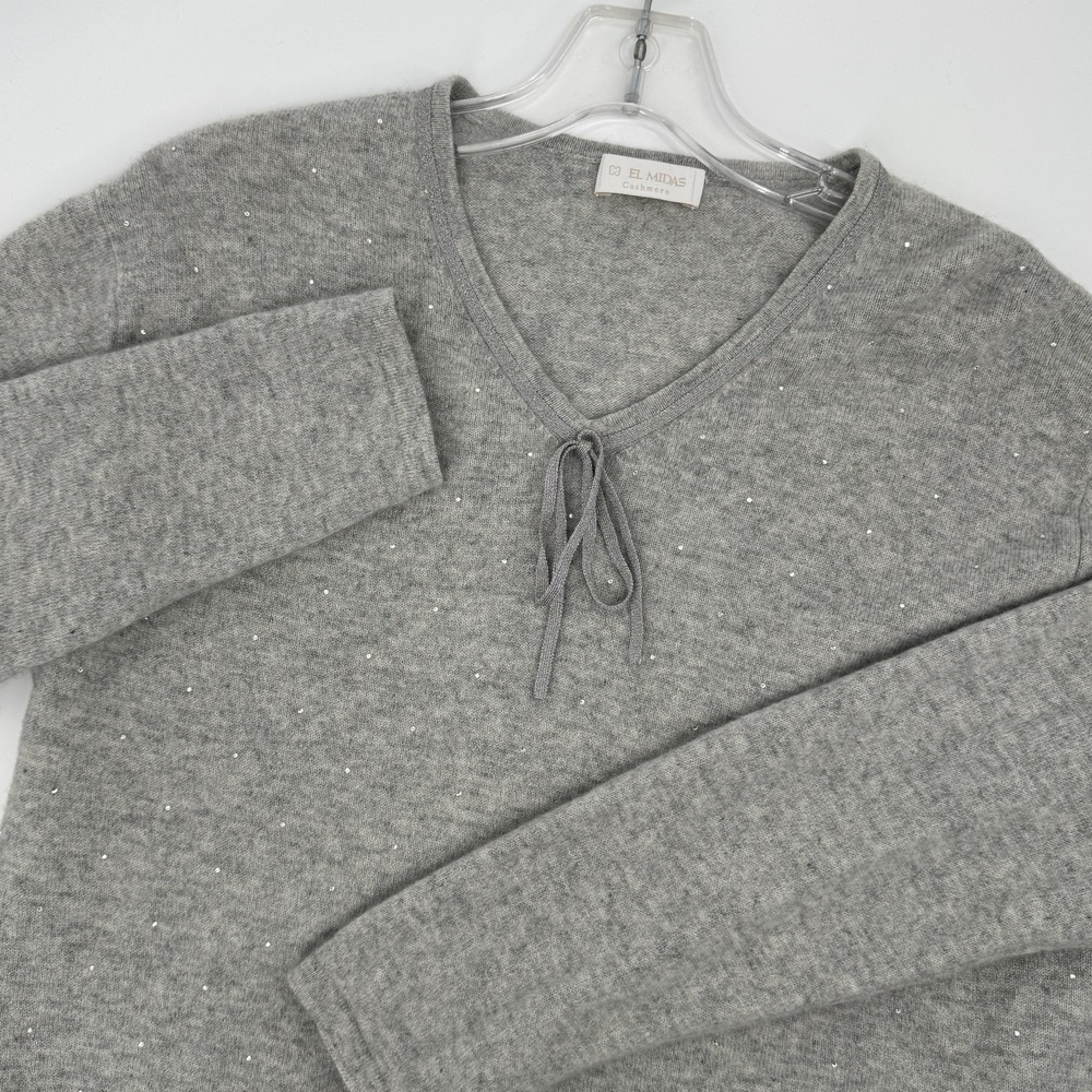 MIDAS Womens 100% Cashmere Gray Tie Neck Sweater Rhinestone Knit Women's Size 42